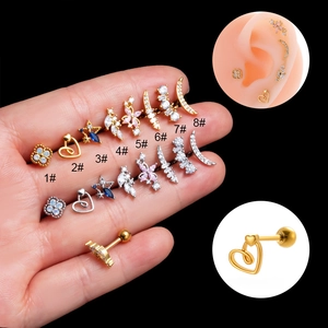 Helix Cartilage Piercing Studs Stainless Steel Copper Zircon Heart Flower Star Moon Screw Back Jewelry For Women