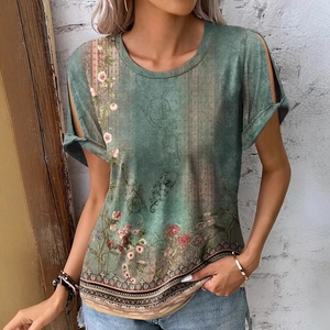 Women's vintage green ethnic t-shirt with floral print and bohemian border detail