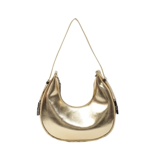 Glossy gold crescent hobo bag with smooth metallic finish and slim shoulder strap