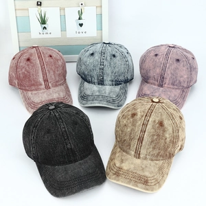 Collection of five washed denim baseball caps in retro vintage colors for outdoor wear