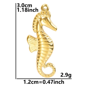 Detailed view of a golden seahorse pendant with precise size and weight measurements