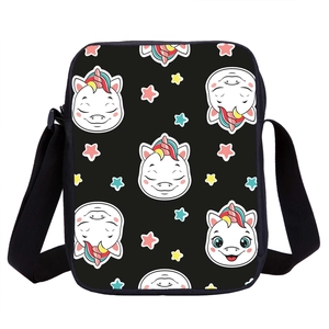 Black school crossbody bag with cute unicorn patterns and adjustable strap for students