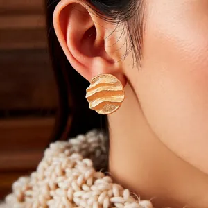 Minimalist 18k gold plated round stud earrings with unique hammered texture for women