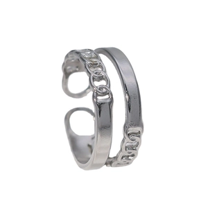 Minimalist silver double-layered open ring featuring a smooth band and a chain link design