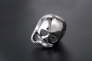 Macro view of detailed skull and snake engraving on a silver stainless steel punk ring