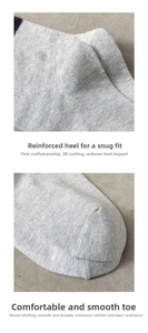 Macro detail of reinforced heel and flat-seam toe on gray cotton athletic crew socks