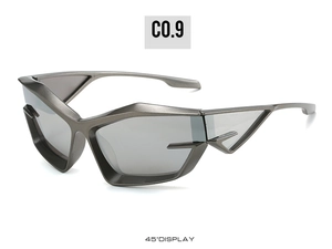 Futuristic cat-eye sunglasses with metallic gray frames and sharp geometric lines