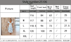 Size chart for floral puff sleeve dress detailing bust and waist measurements in centimeters