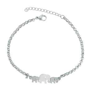 Detailed view of silver stainless steel curb chain with three linked elephant charms