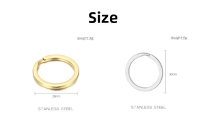 Detailed size comparison of 28mm gold and 30mm silver stainless steel key rings