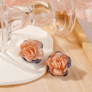 Handmade fabric rose earrings in peach and navy blue mesh for a romantic summer style