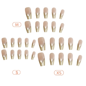 Golden V-shaped French tip press-on nails with cat eye finish in nude pink base