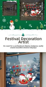 Detail of Christmas window stickers with Santa, reindeer and snowflakes for festive decor