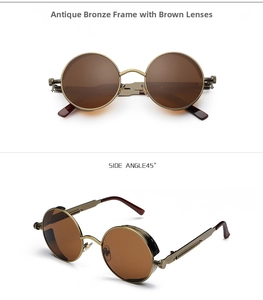 Steampunk round sunglasses with bronze frames, tea lenses and mechanical spring arms