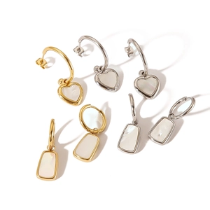Minimalist stainless steel earrings featuring natural white shell heart and geometric pendants