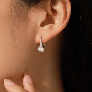 French style S925 silver hook earrings with 1 carat moissanite on female model