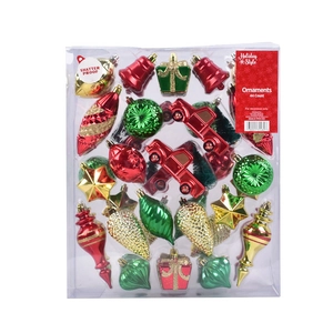 44-piece shatterproof Christmas ornament set in red, green and gold for tree decoration