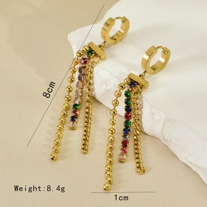 Detail shot of long tassel earrings with colorful rhinestones and size dimensions