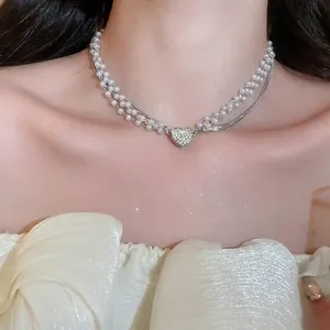 Heart Pendant Necklace Layered Imitation Artificial Pearl Alloy Rhinestone Elegant Choker Luxury Jewelry For Women