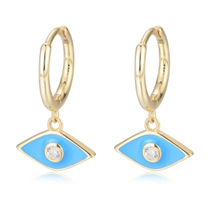 Vintage 925 sterling silver evil eye hoop earrings with blue enamel and sparkling zircons