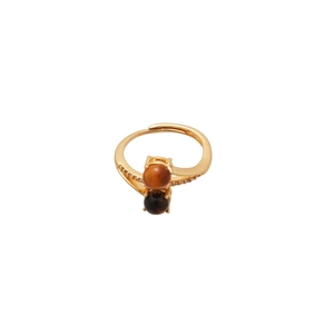 Gold plated adjustable ring with tiger eye stones and cubic zirconia accents