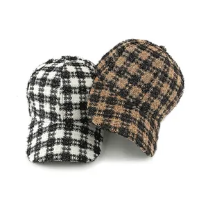 Classic plaid tweed baseball cap set with elegant houndstooth pattern and frayed edges