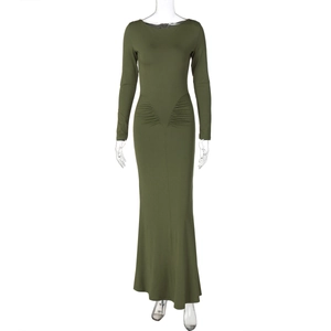 Detail of waist pleats and knitted texture on army green long-sleeved slim maxi dress