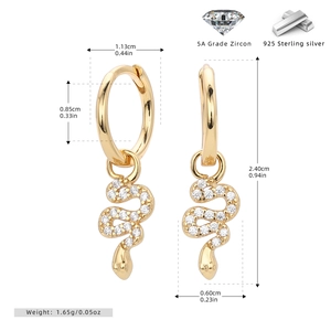 Detailed dimensions of gold S925 silver snake earrings with 5A cubic zirconia stones
