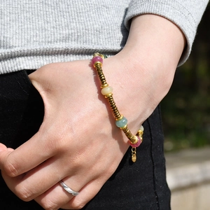 Colorful tourmaline beaded titanium steel bracelet for women with gold textured spacers