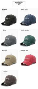 Detailed grid view of washed cotton baseball caps in various colors with embroidery