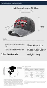 Detailed size guide for washed denim baseball cap with embroidery specifications and measurements