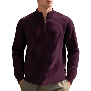 Men's burgundy waffle knit quarter-zip sweatshirt with stand collar and casual loose fit