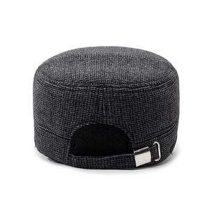Dark gray men's flat top cap with adjustable buckle and warm ear flaps for winter