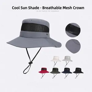 Breathable Mesh Bucket Hat Polyester Wide Brim UV Protection Foldable Outdoor Hiking Fishing Sun Hat With Chin Strap