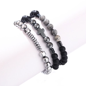 Three-piece men's beaded bracelet set with cross pendant and natural stone texture