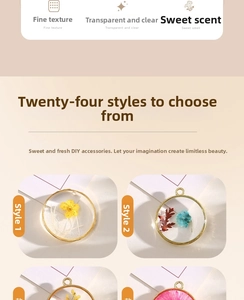 Detailed close-up of resin dried flower charms with alloy metal frames for DIY jewelry crafts