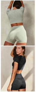 Détails du dos d'un ensemble de yoga sans couture avec short taille haute et crop top