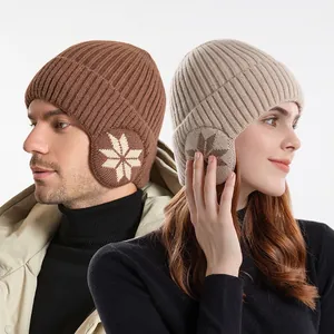 Winter Warm Fleece Gevoerd Gebreide Muts Met Oorkleppen Sneeuwvlok Patroon Dikke Gebreide Muts Voor Heren Dames Outdoor