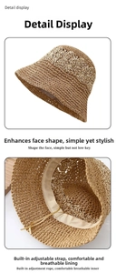 Vue détaillée du tissage creux du chapeau de paille marron avec bandeau ajustable