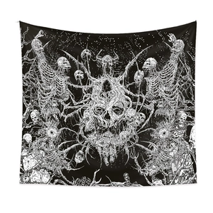 Gothic black and white tapestry featuring detailed skeleton and dark art demon patterns
