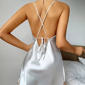 Silver silk satin nightgown for women with crisscross back and delicate lace hem detail