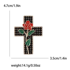 Retro rhinestone cross and red rose brooch for women with detailed size measurements