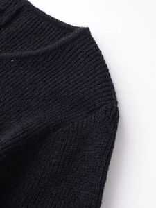 Close-up of the black rib-knit fabric texture and neckline stitching detail on the cardigan