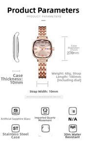 Spécifications détaillées de la montre carrée en or rose avec bracelet acier et verre saphir