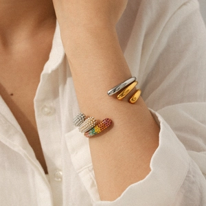 Layered 18k gold and silver stainless steel open bangle set with pearls and zircons