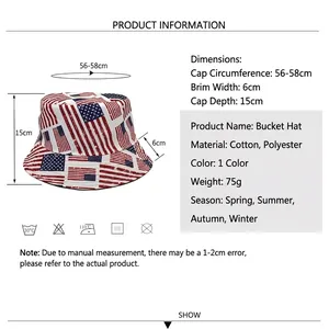 Unisex US flag print bucket hat with dimensions 56-58cm for sun protection and outdoor use