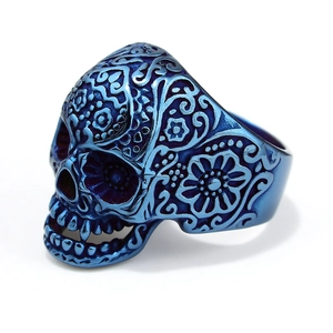 Gothic blue stainless steel skull ring with intricate vine carvings in matte finish