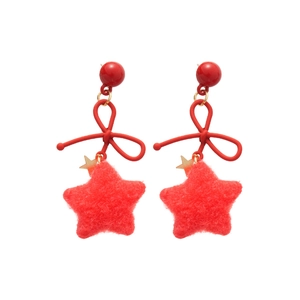 Red bow velvet star earrings with pearl studs and elegant flocking for women