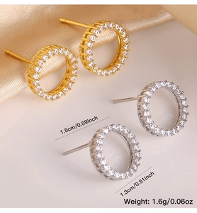 Detailed view of gold and silver round stud earrings with size measurements in inches