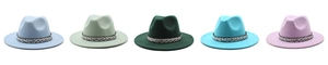 Multiple color options of fedora hats with elegant woven bands and felt texture